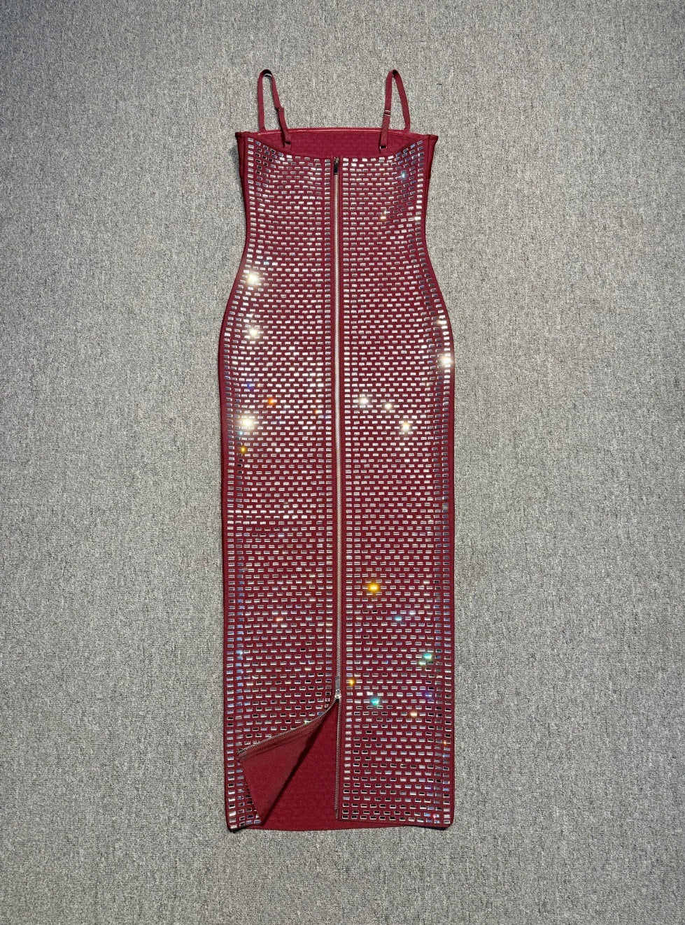 Burgundy Sequin Spaghetti Strap Bodycon Midi Dress