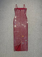 Burgundy Sequin Spaghetti Strap Bodycon Midi Dress
