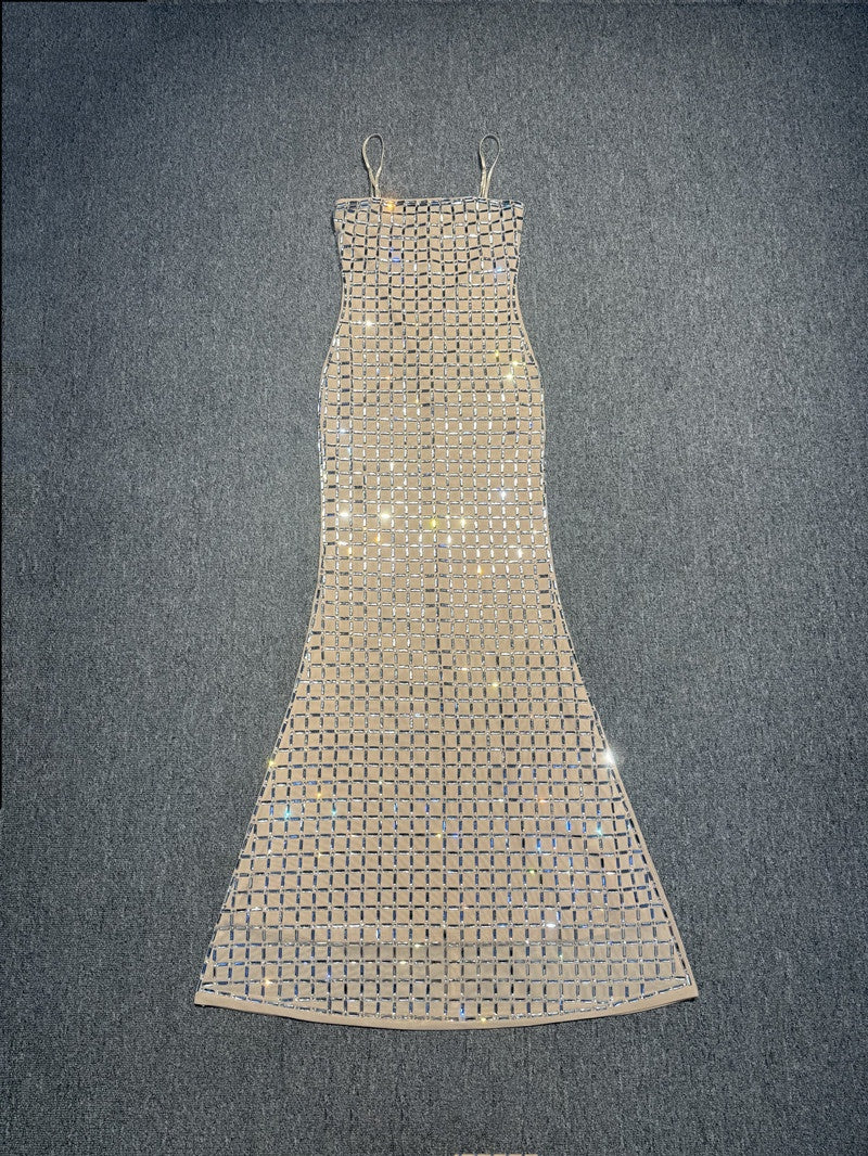 Diamante Sequin Mermaid Evening Gown – Sparkly Satin Slip Dress with Spaghetti Straps