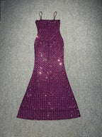 Diamante Sequin Mermaid Evening Gown – Sparkly Satin Slip Dress with Spaghetti Straps