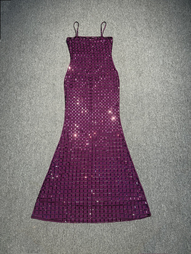Diamante Sequin Mermaid Evening Gown – Sparkly Satin Slip Dress with Spaghetti Straps