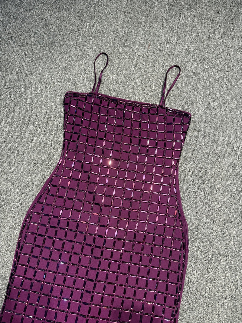 Diamante Sequin Mermaid Evening Gown – Sparkly Satin Slip Dress with Spaghetti Straps