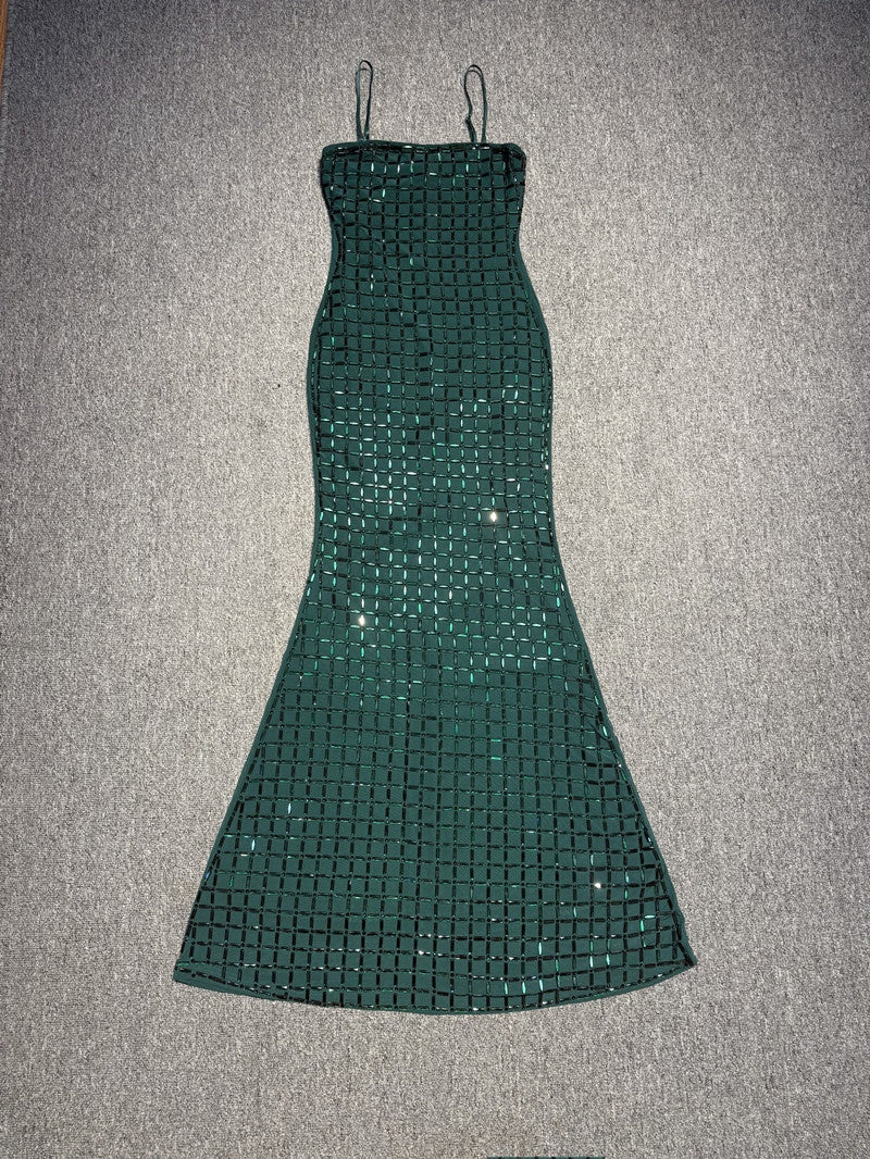 Diamante Sequin Mermaid Evening Gown – Sparkly Satin Slip Dress with Spaghetti Straps
