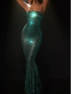 Diamante Sequin Mermaid Evening Gown – Sparkly Satin Slip Dress with Spaghetti Straps