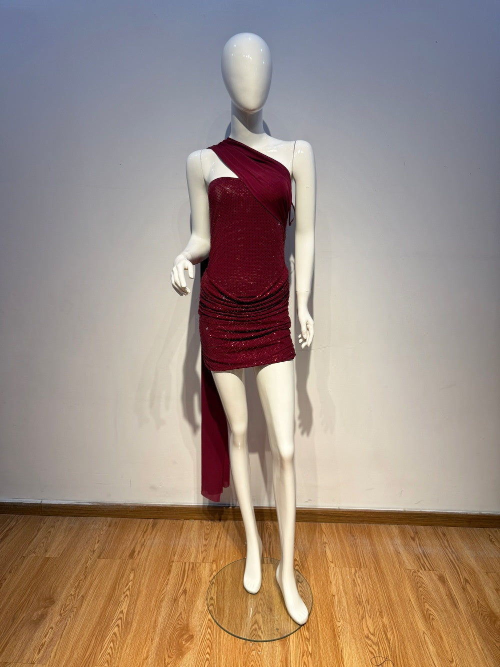 Burgundy Crystal Rhinestone Halter Mini Dress – Sparkly Ruched Party Gown