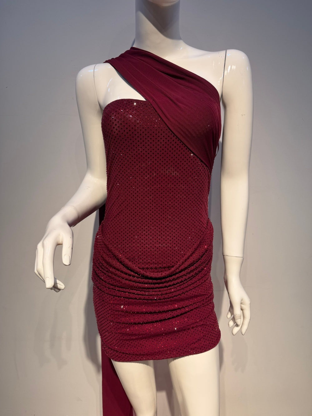 Burgundy Crystal Rhinestone Halter Mini Dress – Sparkly Ruched Party Gown