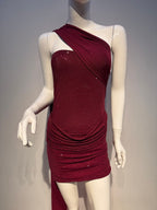 Burgundy Crystal Rhinestone Halter Mini Dress – Sparkly Ruched Party Gown