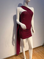 Burgundy Crystal Rhinestone Halter Mini Dress – Sparkly Ruched Party Gown