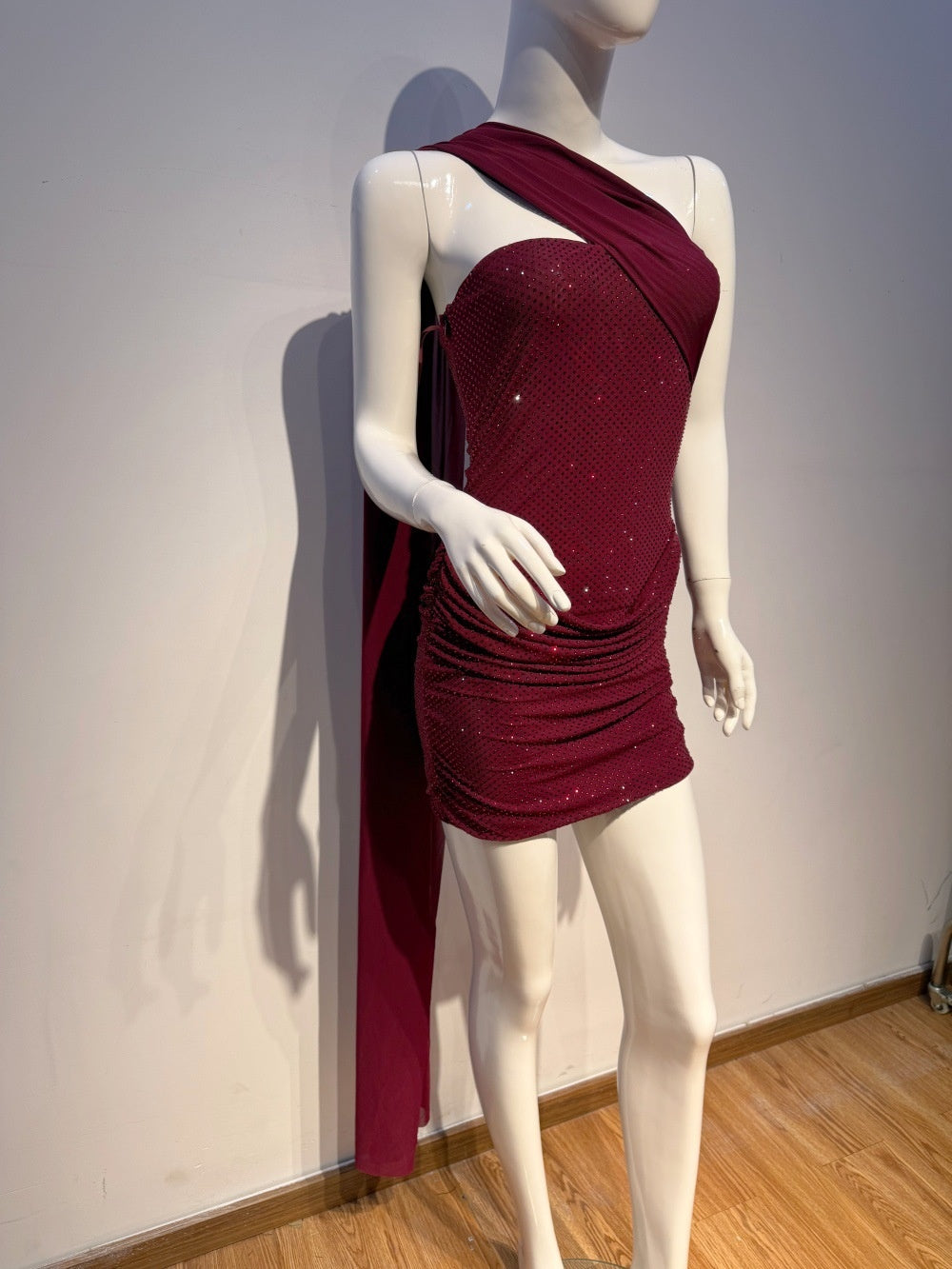 Burgundy Crystal Rhinestone Halter Mini Dress – Sparkly Ruched Party Gown