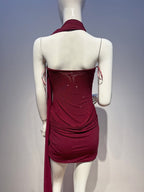 Burgundy Crystal Rhinestone Halter Mini Dress – Sparkly Ruched Party Gown