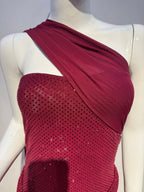 Burgundy Crystal Rhinestone Halter Mini Dress – Sparkly Ruched Party Gown