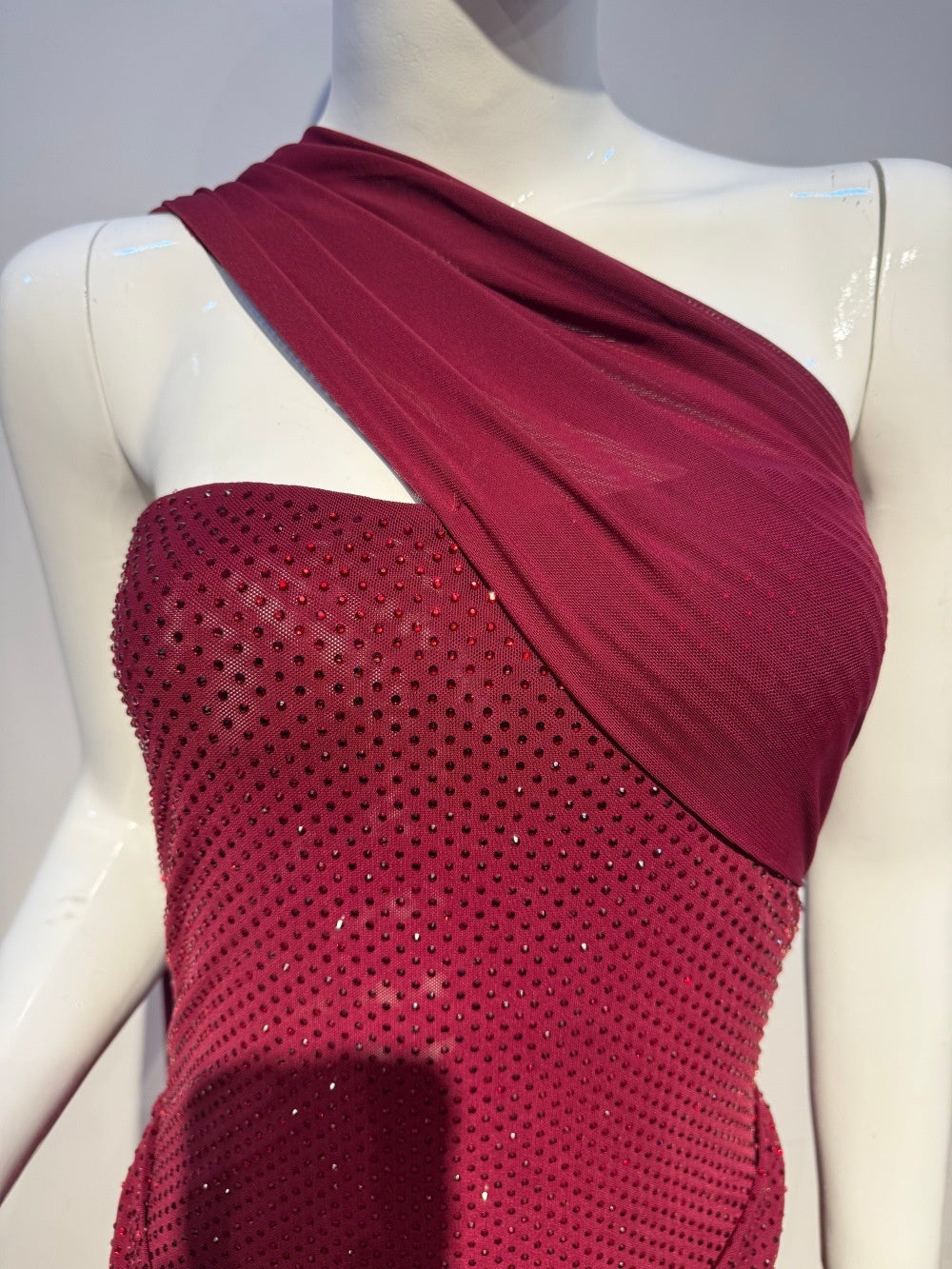 Burgundy Crystal Rhinestone Halter Mini Dress – Sparkly Ruched Party Gown