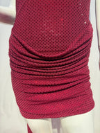 Burgundy Crystal Rhinestone Halter Mini Dress – Sparkly Ruched Party Gown