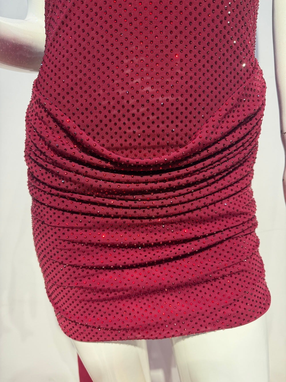 Burgundy Crystal Rhinestone Halter Mini Dress – Sparkly Ruched Party Gown
