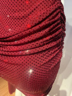 Burgundy Crystal Rhinestone Halter Mini Dress – Sparkly Ruched Party Gown