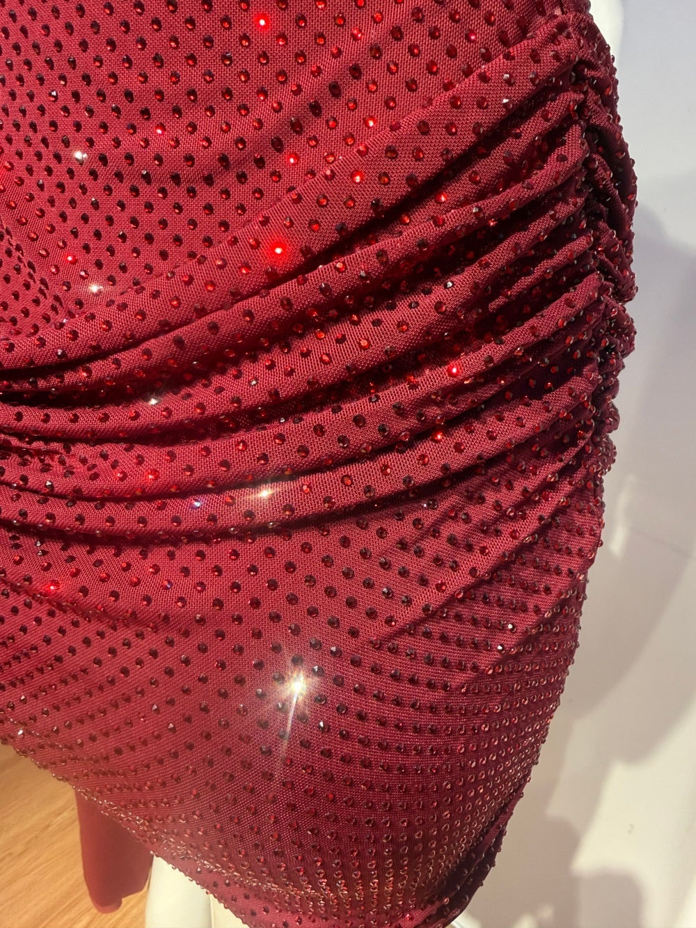 Burgundy Crystal Rhinestone Halter Mini Dress – Sparkly Ruched Party Gown