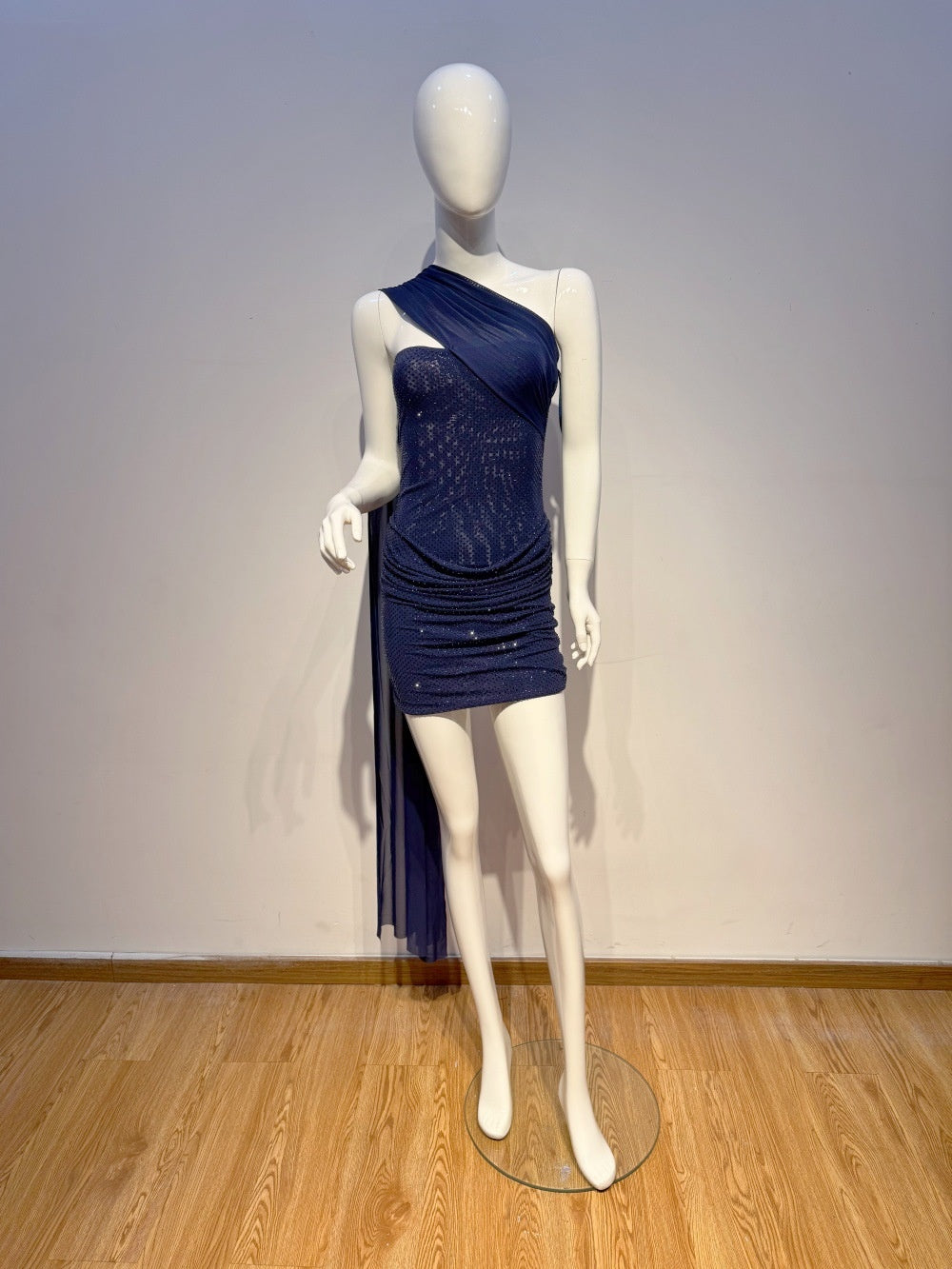 Navy Blue Halter Sparkly Body-con Mini Dress with Ribbon Detail