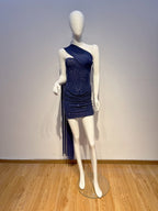 Navy Blue Halter Sparkly Body-con Mini Dress with Ribbon Detail