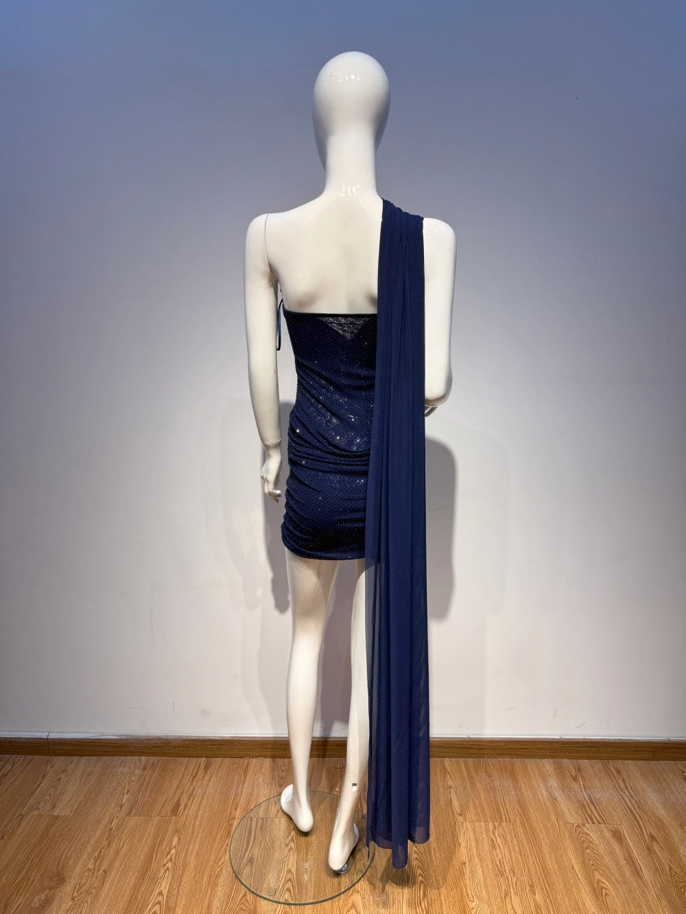 Navy Blue Halter Sparkly Body-con Mini Dress with Ribbon Detail
