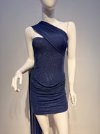 Navy Blue Halter Sparkly Body-con Mini Dress with Ribbon Detail