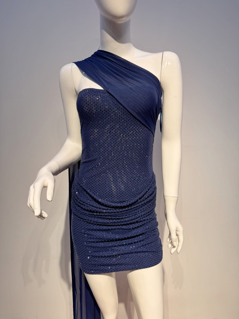 Navy Blue Halter Sparkly Body-con Mini Dress with Ribbon Detail