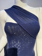 Navy Blue Halter Sparkly Body-con Mini Dress with Ribbon Detail