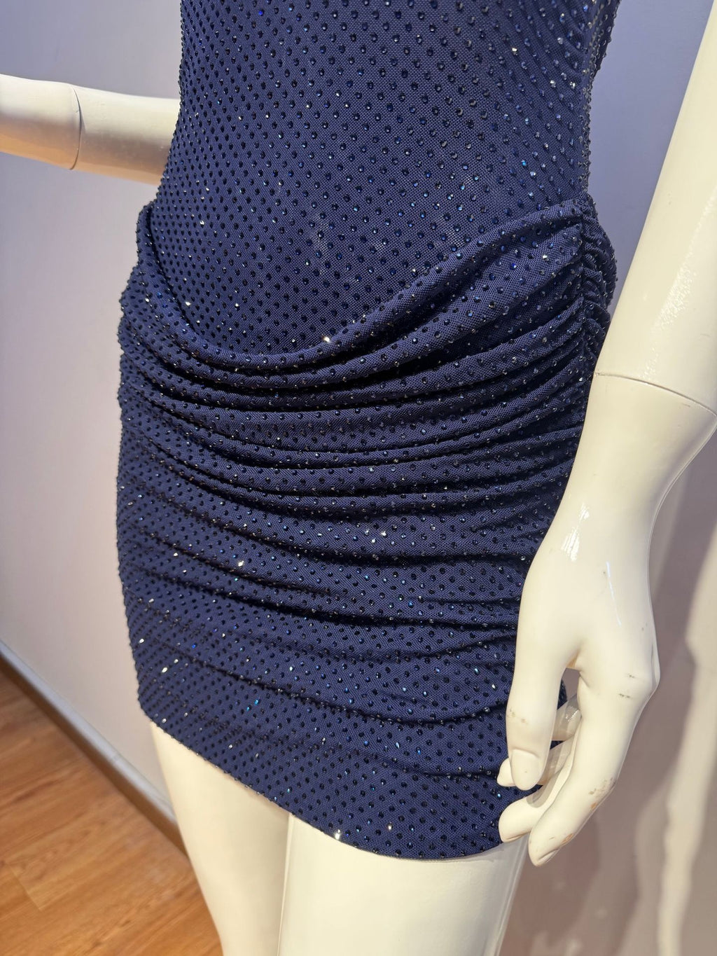 Navy Blue Halter Sparkly Body-con Mini Dress with Ribbon Detail