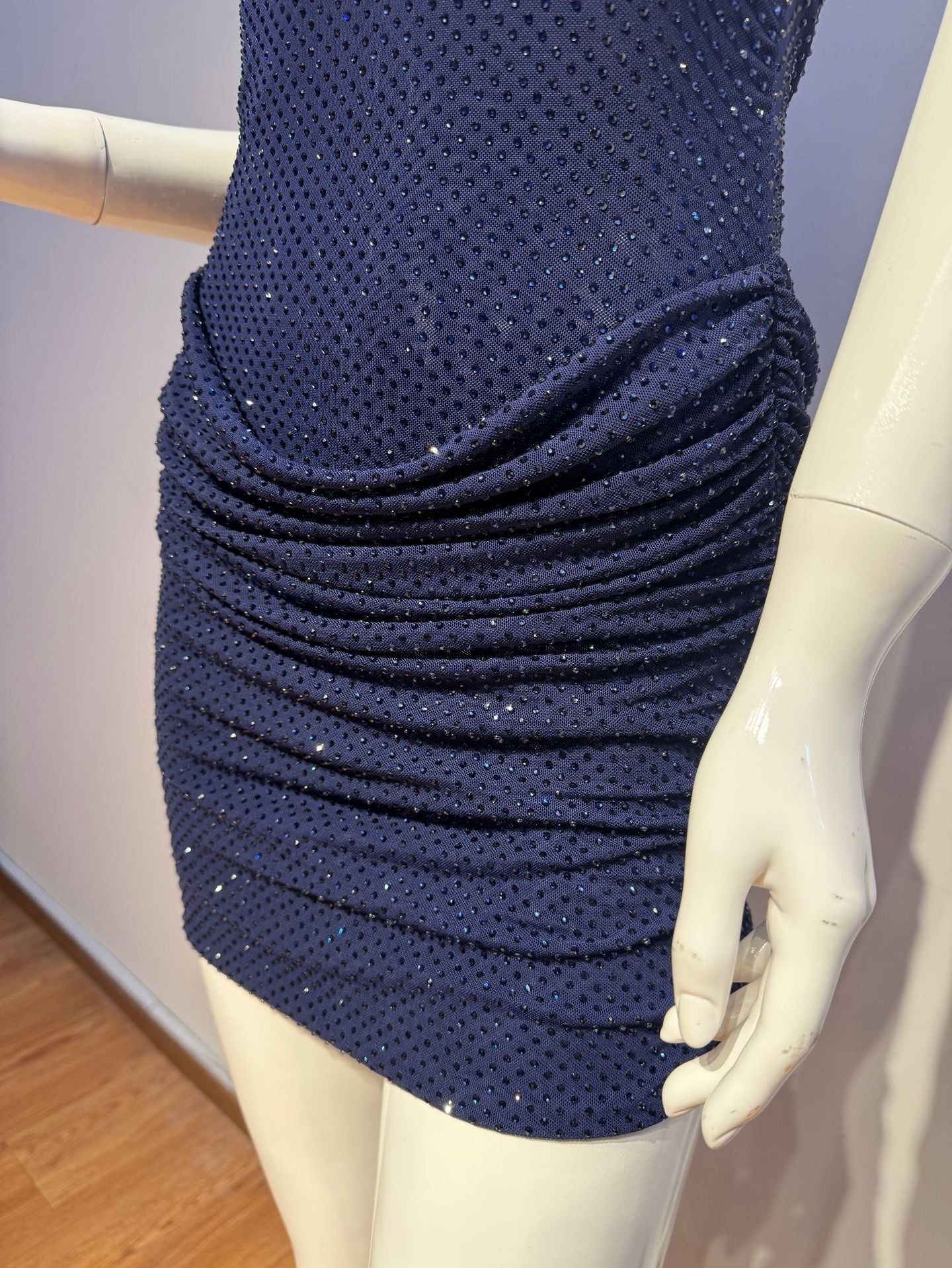 Navy Blue Halter Sparkly Body-con Mini Dress with Ribbon Detail