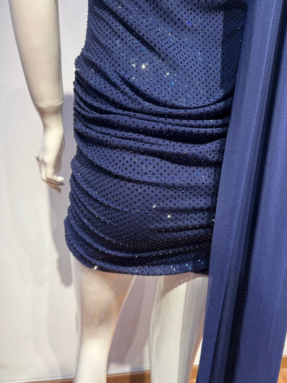 Navy Blue Halter Sparkly Body-con Mini Dress with Ribbon Detail