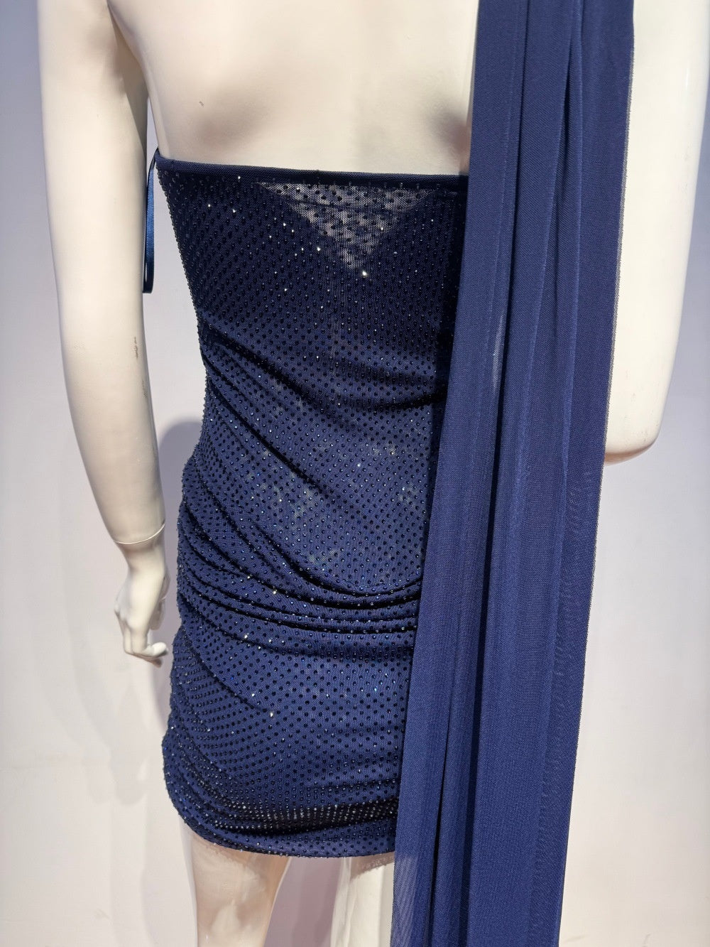Navy Blue Halter Sparkly Body-con Mini Dress with Ribbon Detail