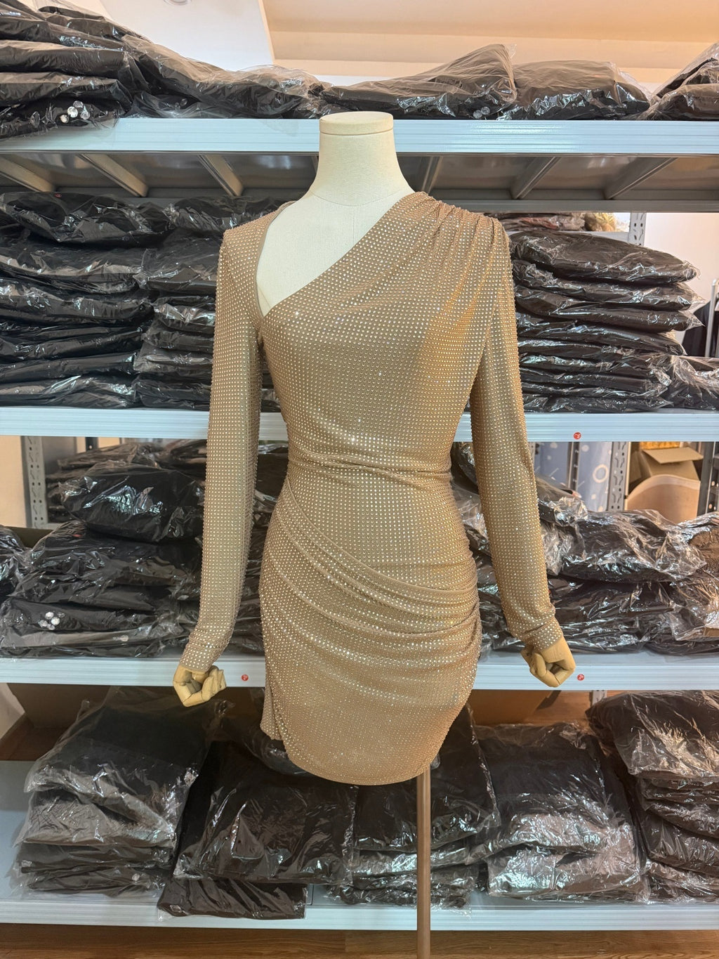 Rhinestone Body-con Short Dress – Long Sleeve Mini with Ruched Detail