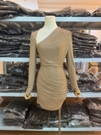 Rhinestone Body-con Short Dress – Long Sleeve Mini with Ruched Detail