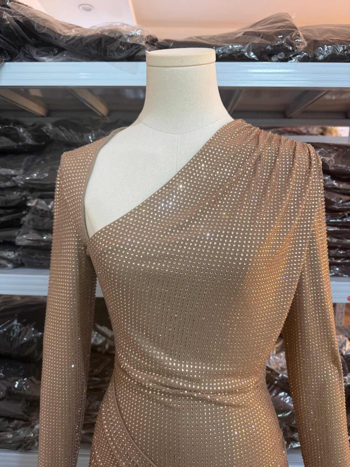 Rhinestone Body-con Short Dress – Long Sleeve Mini with Ruched Detail