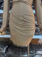 Rhinestone Body-con Short Dress – Long Sleeve Mini with Ruched Detail