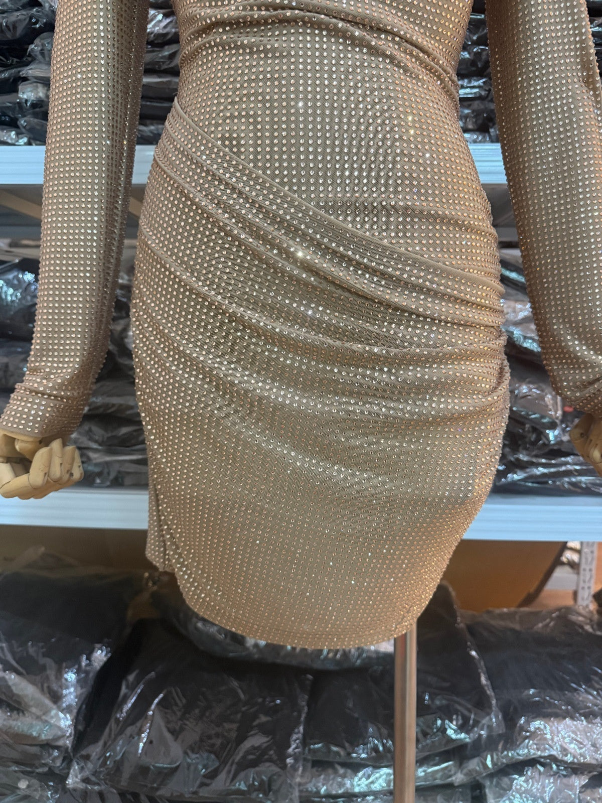 Rhinestone Body-con Short Dress – Long Sleeve Mini with Ruched Detail