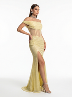 Yellow Off-Shoulder Sequin Mermaid Gown – Sheer Corset & High Slit