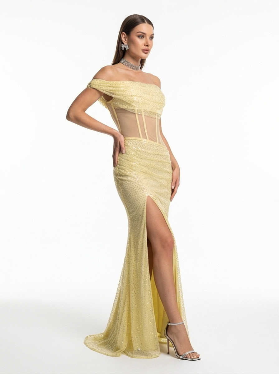 Yellow Off-Shoulder Sequin Mermaid Gown – Sheer Corset & High Slit
