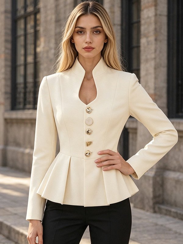 Ivory Peplum Blouse Women's Stand Collar Keyhole Gold Buttons Coat - Styeenigma