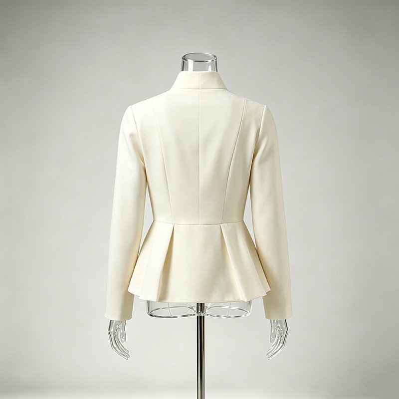 Ivory Peplum Blouse Women's Stand Collar Keyhole Gold Buttons Coat - Styeenigma