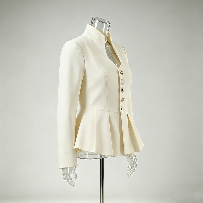Ivory Peplum Blouse Women's Stand Collar Keyhole Gold Buttons Coat - Styeenigma