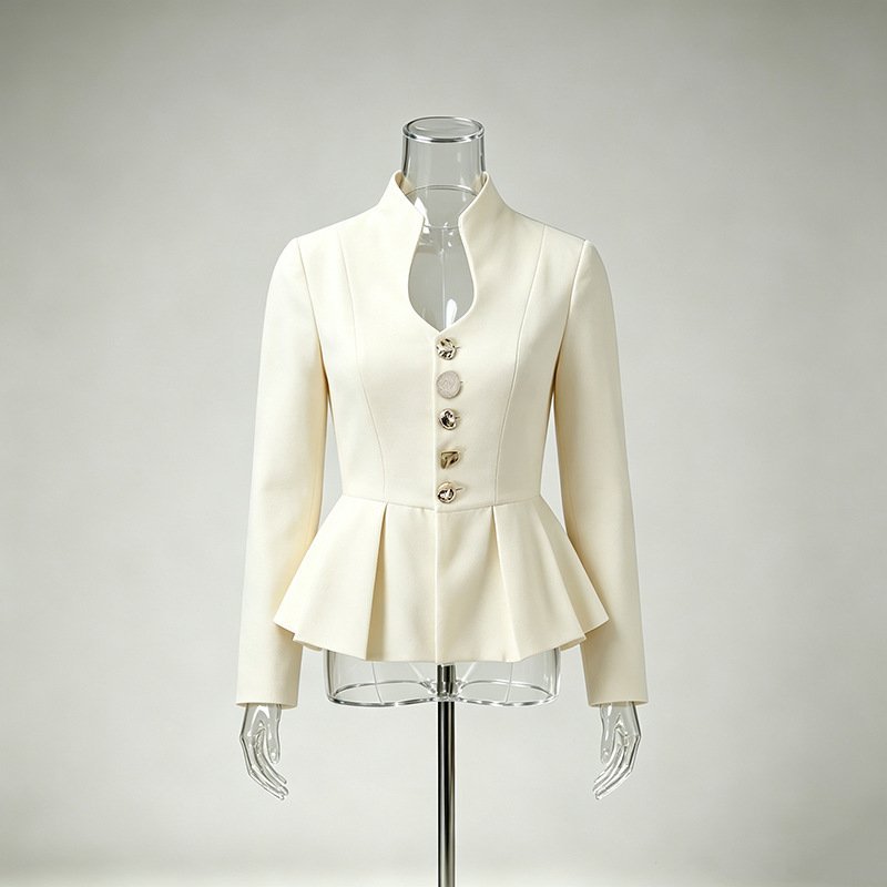 Ivory Peplum Blouse Women's Stand Collar Keyhole Gold Buttons Coat - Styeenigma