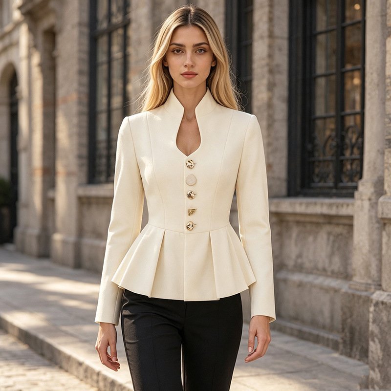 Ivory Peplum Blouse Women's Stand Collar Keyhole Gold Buttons Coat - Styeenigma