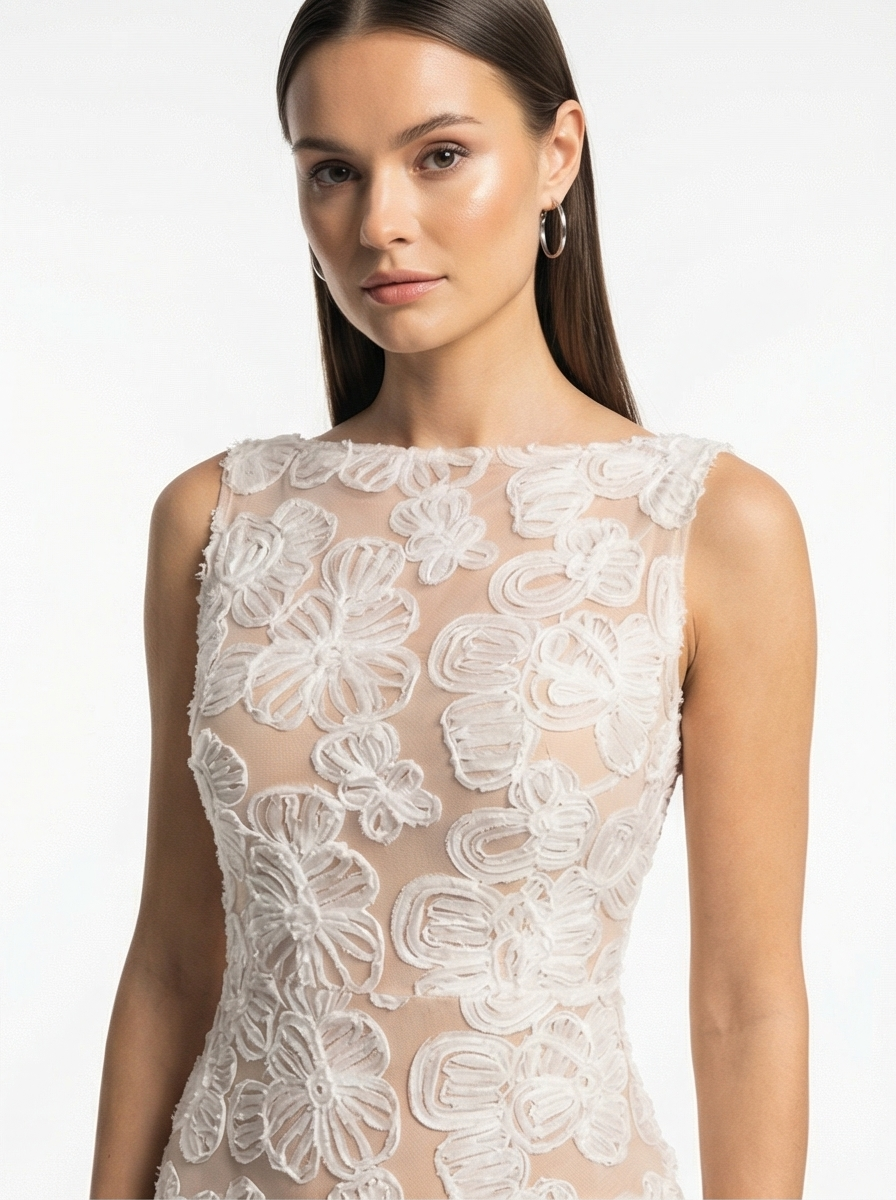 Woman wearing a white lace dress on a white background