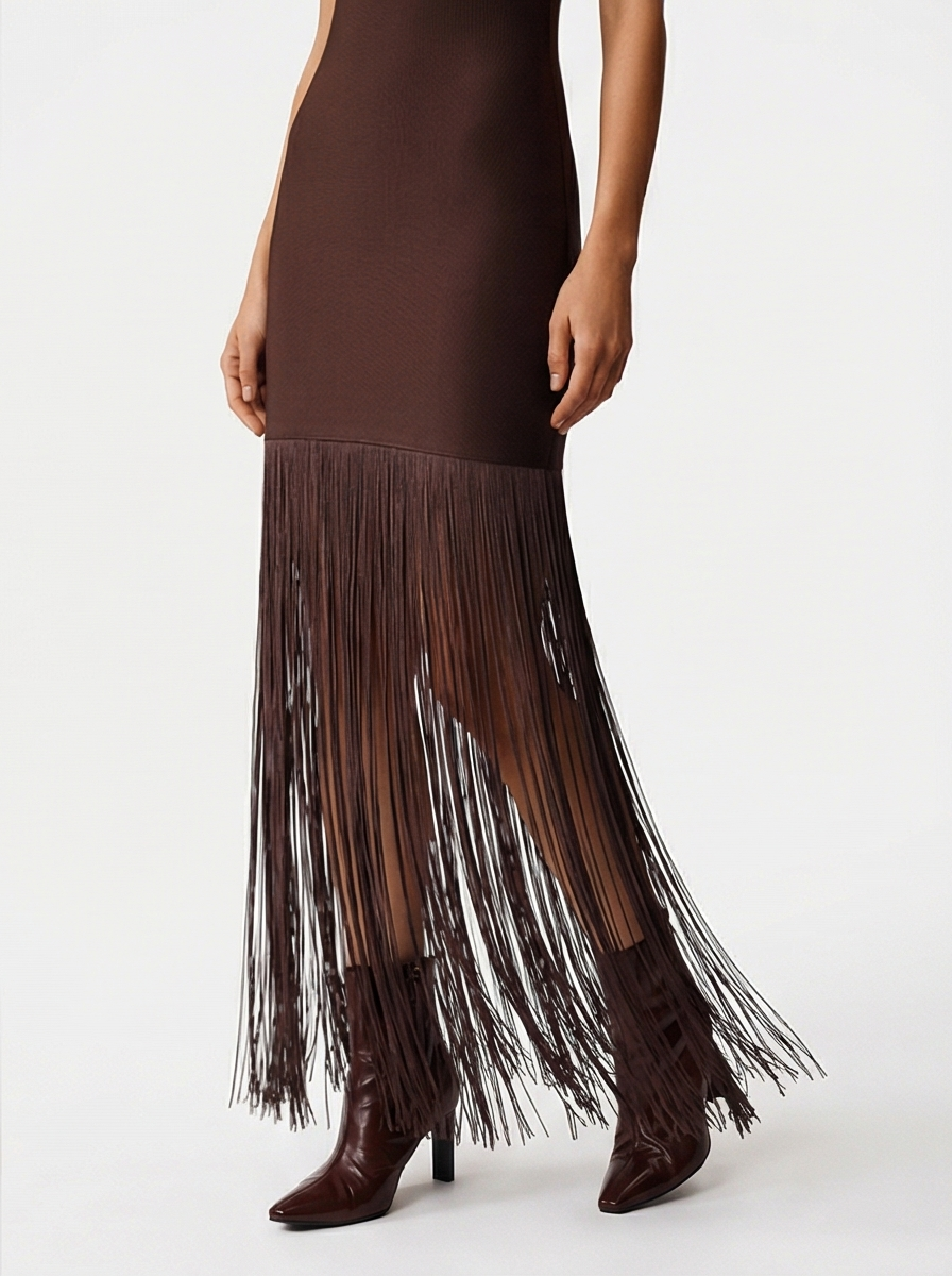 Brown dress with fringe and matching boots on a white background