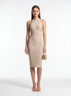 High Neck Bodycon Midi Dress – Sleeveless Perfect  for Cocktail, Date & Evening Wear