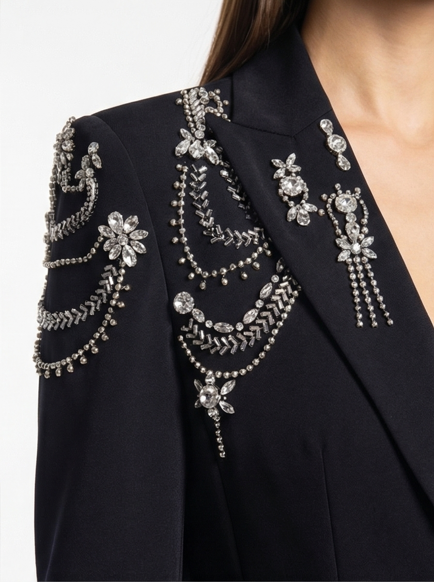 Black blazer with intricate silver bead and crystal embellishments on a white background