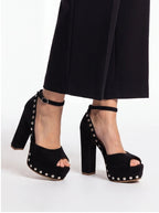 Women's Black Suede Platform Heels with Silver Studs Ankle Strap Peep Toe Party Dress Shoes - Styeenigma