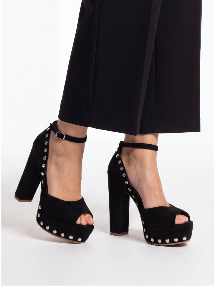 Women's Black Suede Platform Heels with Silver Studs Ankle Strap Peep Toe Party Dress Shoes - Styeenigma
