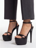 Black Faux Leather Platform Stiletto Heels | Ankle Strap Sandals Women - Styeenigma