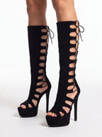 Black Lace-Up Platform Knee-High Stiletto Heels – Sexy Nightclub & Party Boots - Styeenigma